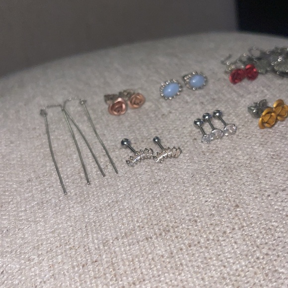 Bundle Silver Tone Stud‎ Hoop Dangle Earrings Rose Screw Back Threaded Leaves - Picture 3 of 5